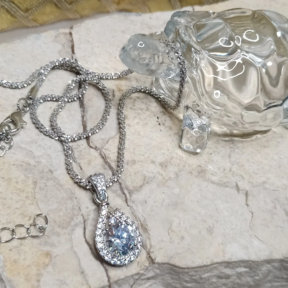 Elegant Diamond CZ Silver Pendant Necklace Bridal Jewelry